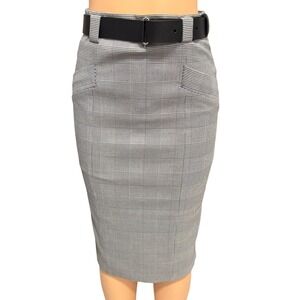 Karen Millen Plaid Pencil Skirt Black With Leather Belted Office Business Size 6